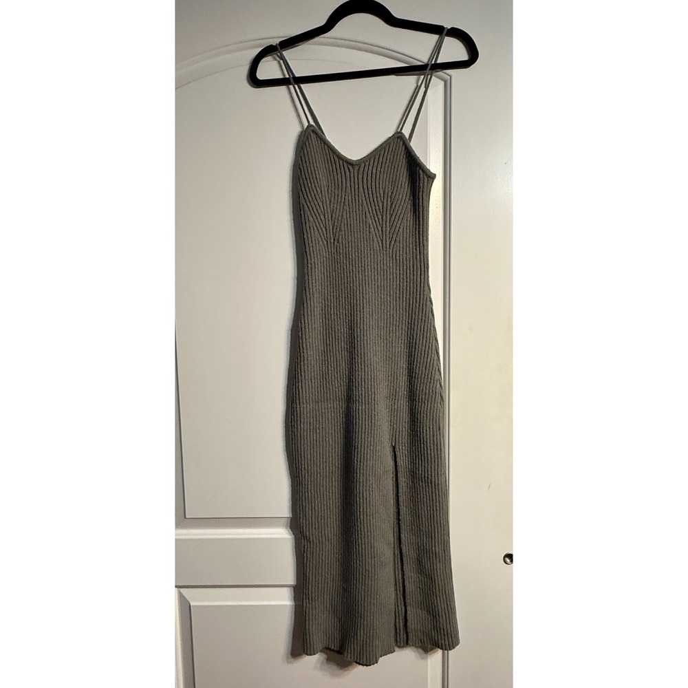 Cider Midi Dress XL Grey Ribbed Knit Spaghetti Strap Slit Bodycon Chic Modern